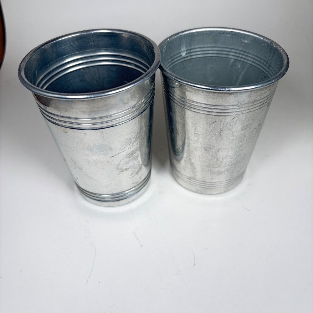 Vintage Aluminum Tumblers Set of 2 Ribbed Metal Cups Made in Japan Silver Tone